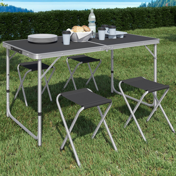 Höhenverstellbarer faltbarer Campingtisch 120 cm und 4 schwarze Hocker