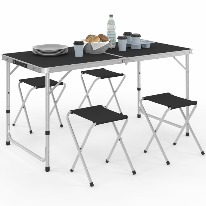 Mesa de camping plegable de altura regulable de 120 cm y 4 taburetes negros