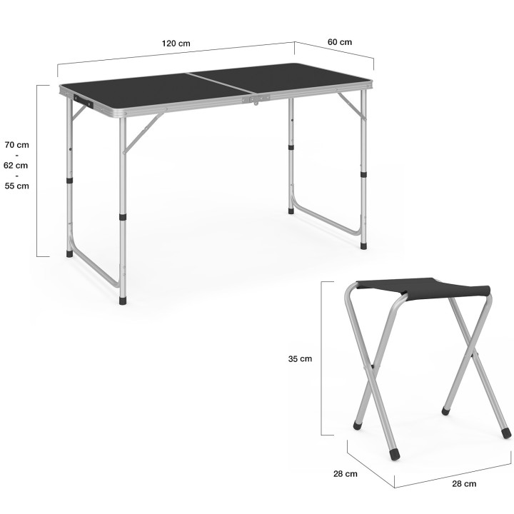 Mesa de camping plegable de altura regulable de 120 cm y 4 taburetes negros