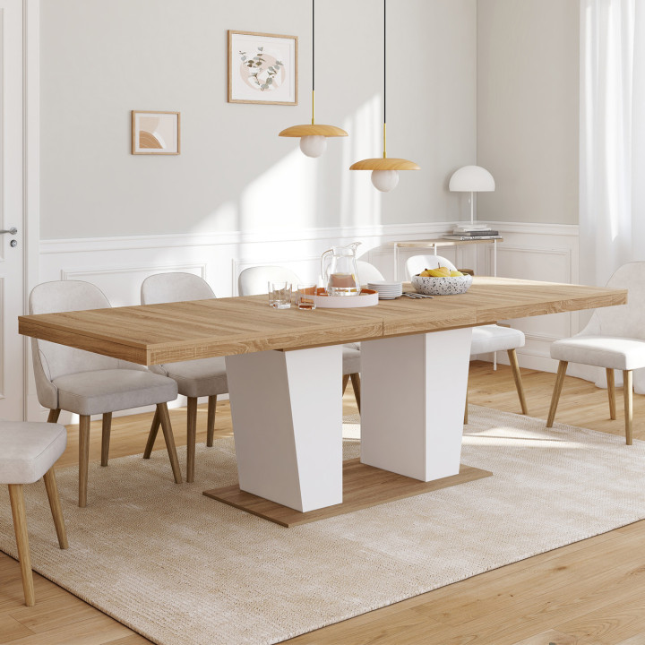 ELIAD mesa de comedor extensible, rectangular, 8-12 personas, madera y blanco 200-250 cm