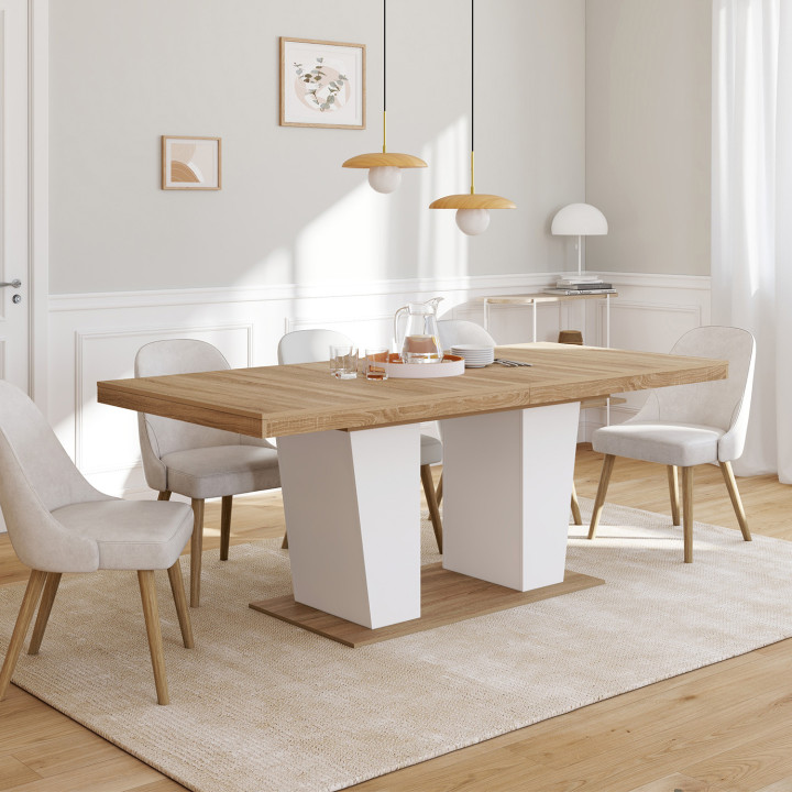 Table à manger extensible rectangle ELIAD 8-12 personnes bois et blanc 200-250 cm
