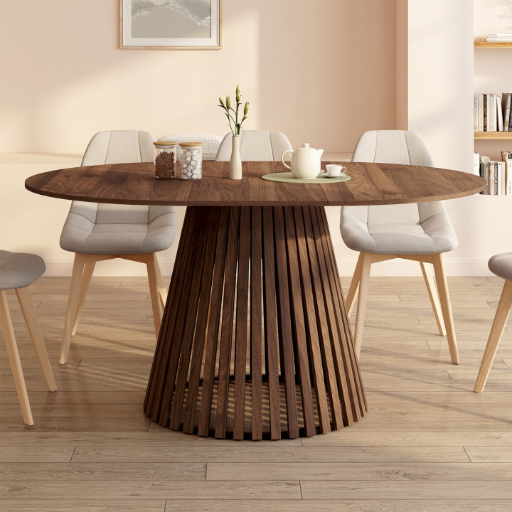 CARMEN ronde uitschuifbare eettafel 4-8 personen met notenhouten lattenbodem en notenhouten blad 110 - 150 cm