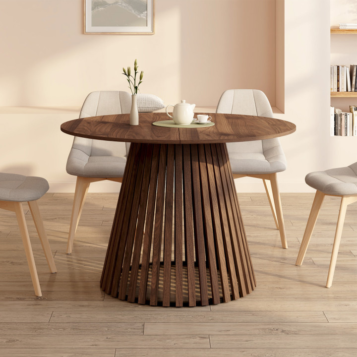 Table à manger extensible ronde CARMEN 4-8 personnes pied noyer en lattes et plateau noyer 110 - 150 cm