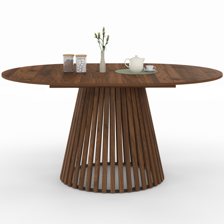 Table à manger extensible ronde CARMEN 4-8 personnes pied noyer en lattes et plateau noyer 110 - 150 cm