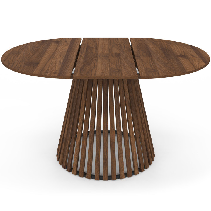 Table à manger extensible ronde CARMEN 4-8 personnes pied noyer en lattes et plateau noyer 110 - 150 cm