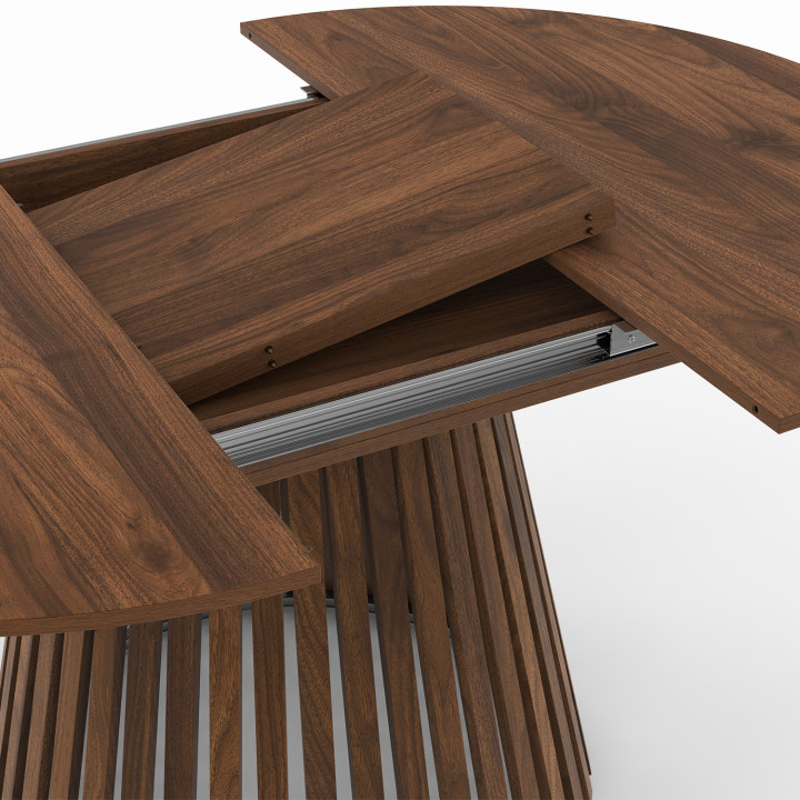 Table à manger extensible ronde CARMEN 4-8 personnes pied noyer en lattes et plateau noyer 110 - 150 cm