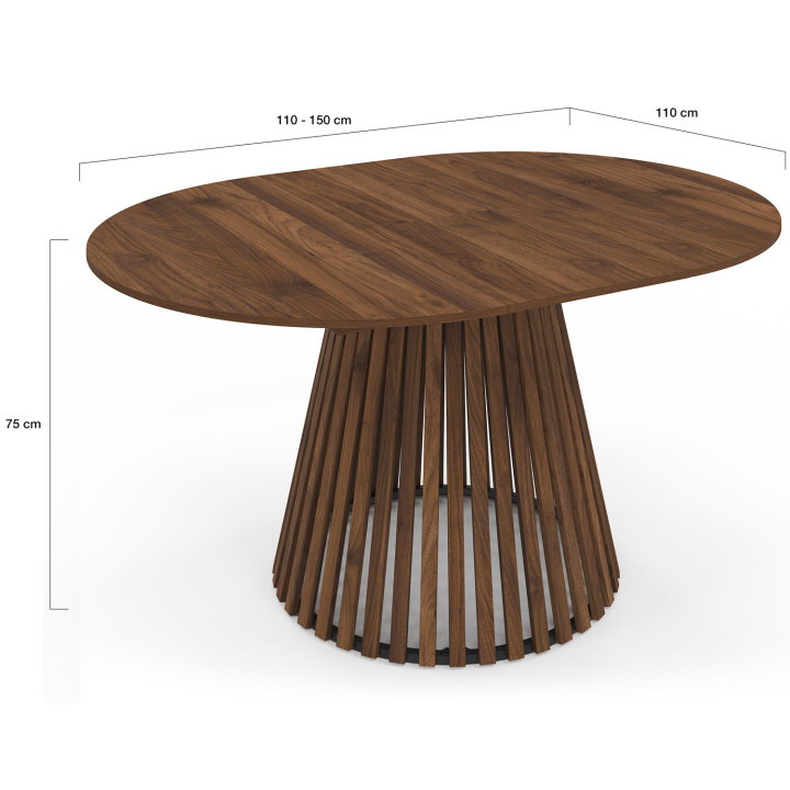 CARMEN mesa de comedor redonda extensible 4-8 personas con pata de listones de nogal y tablero de nogal 110 - 150 cm