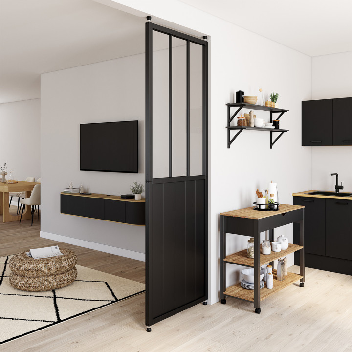 Mampara de estudio extraíble de 250 x 80 cm con efecto metálico negro y cristal templado