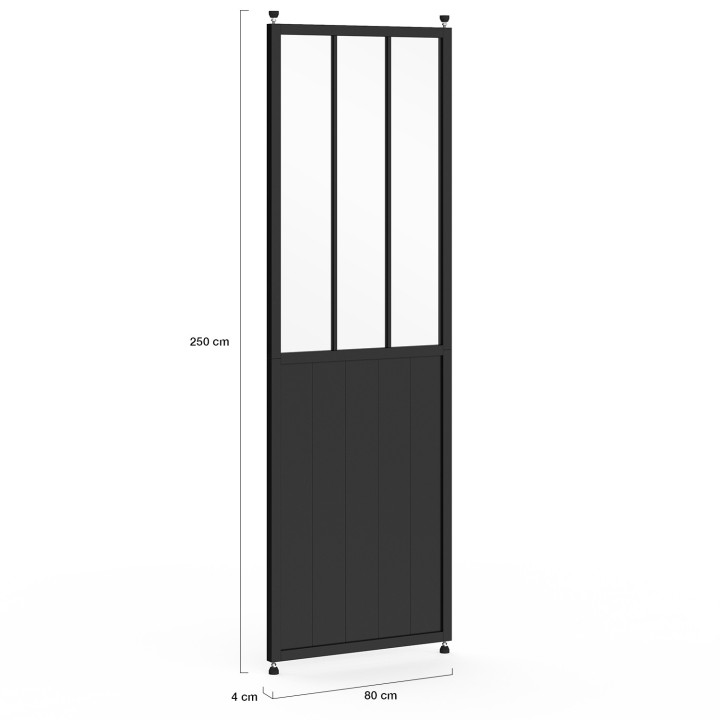 Herausnehmbare Trennwand Atelier 250 x 80 cm Schwarzer Metalleffekt und gehärtetes Glas