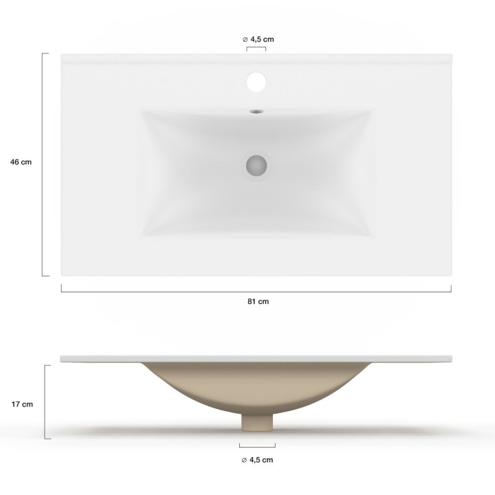 Lavabo rettangolare da incasso in ceramica bianca L. 81 x L. 46 x H. 17 cm