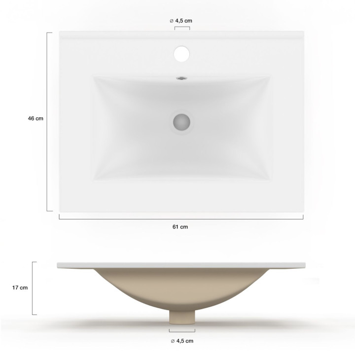 Lavabo rettangolare da incasso in ceramica bianca L. 61 x L. 46 x H. 17 cm