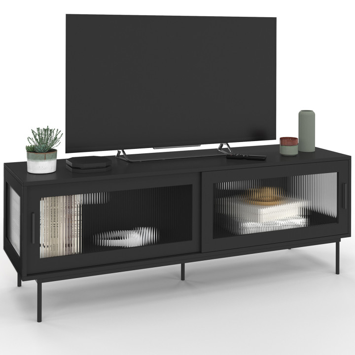 Mobile TV ZINEB 140 cm, 2 ante scorrevoli in vetro, frontale nero scanalato