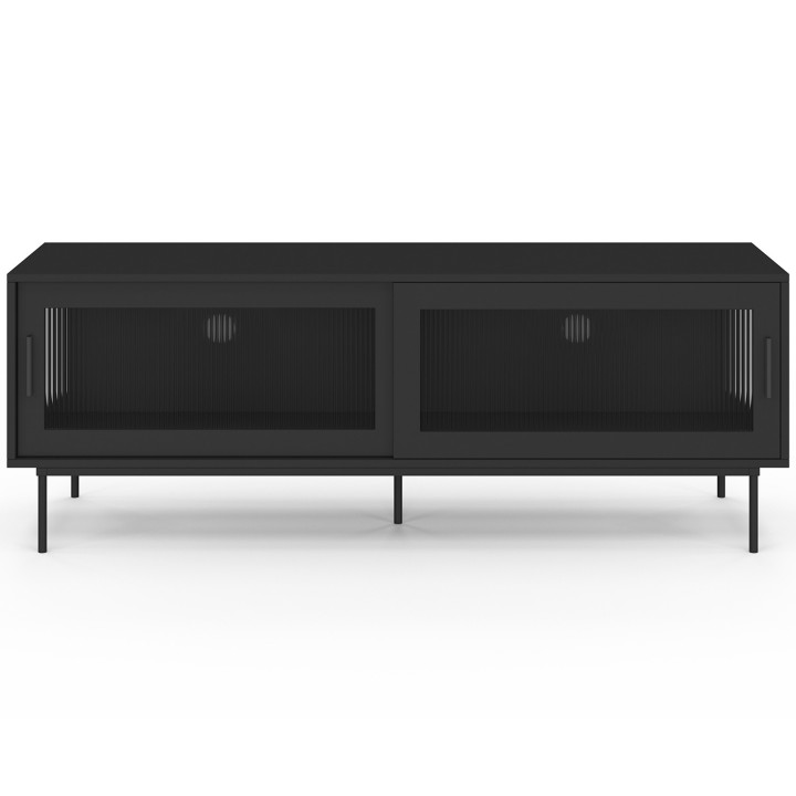 Mobile TV ZINEB 140 cm, 2 ante scorrevoli in vetro, frontale nero scanalato