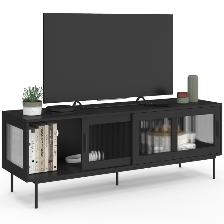 Mobile TV ZINEB 140 cm, 2 ante scorrevoli in vetro, frontale nero scanalato