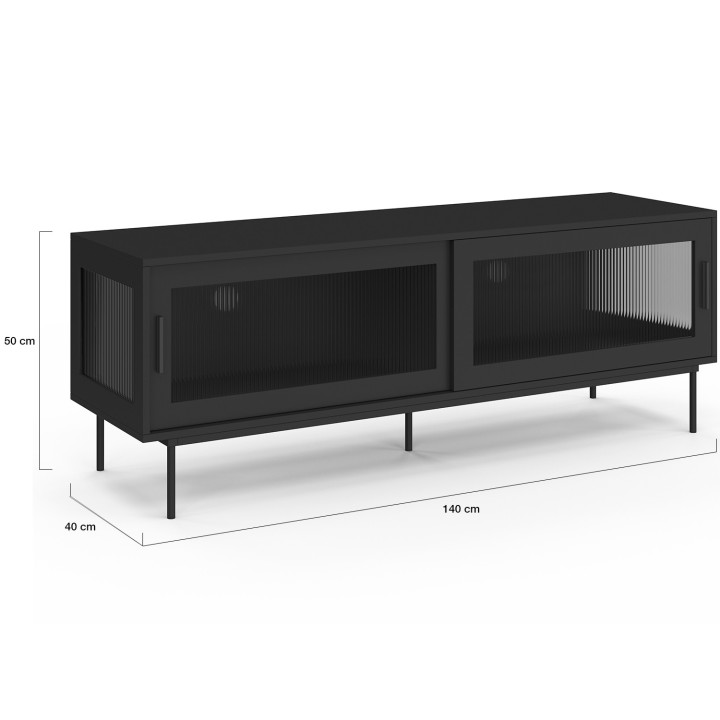 Mobile TV ZINEB 140 cm, 2 ante scorrevoli in vetro, frontale nero scanalato