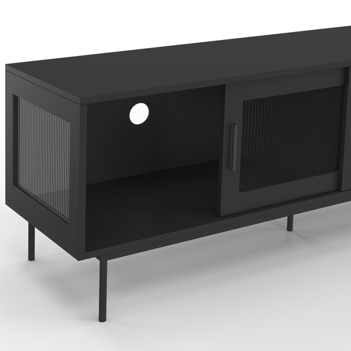 Mobile TV ZINEB 140 cm, 2 ante scorrevoli in vetro, frontale nero scanalato