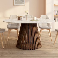 Mesa de comedor redonda extensible 4-8 personas con patas de listones de nogal y tablero efecto travertino 110 - 150 cm - CARMEN