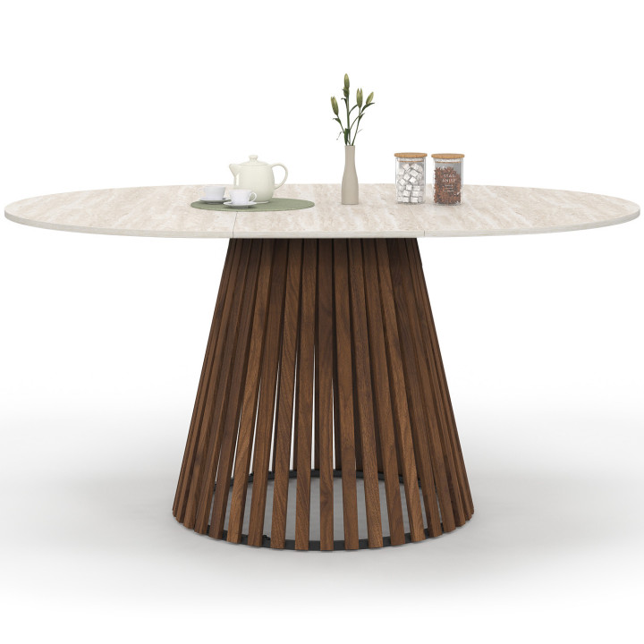 Table à manger extensible ronde CARMEN 4-8 personnes pied noyer en lattes et plateau effet travertin 110 - 150 cm