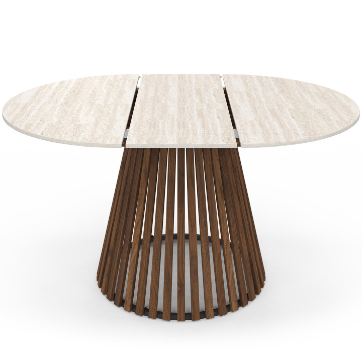 CARMEN mesa de comedor redonda extensible 4-8 personas con patas de listones de nogal y tablero efecto travertino 110 - 150 cm
