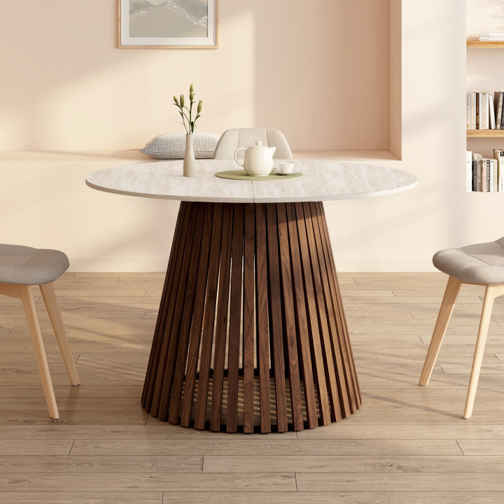 CARMEN ronde uitschuifbare eettafel 4-8 personen met notenhouten lattenpoten en blad met travertijneffect 110 - 150 cm