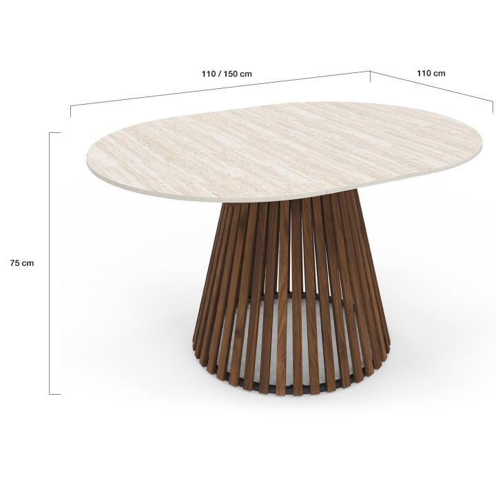 CARMEN mesa de comedor redonda extensible 4-8 personas con patas de listones de nogal y tablero efecto travertino 110 - 150 cm
