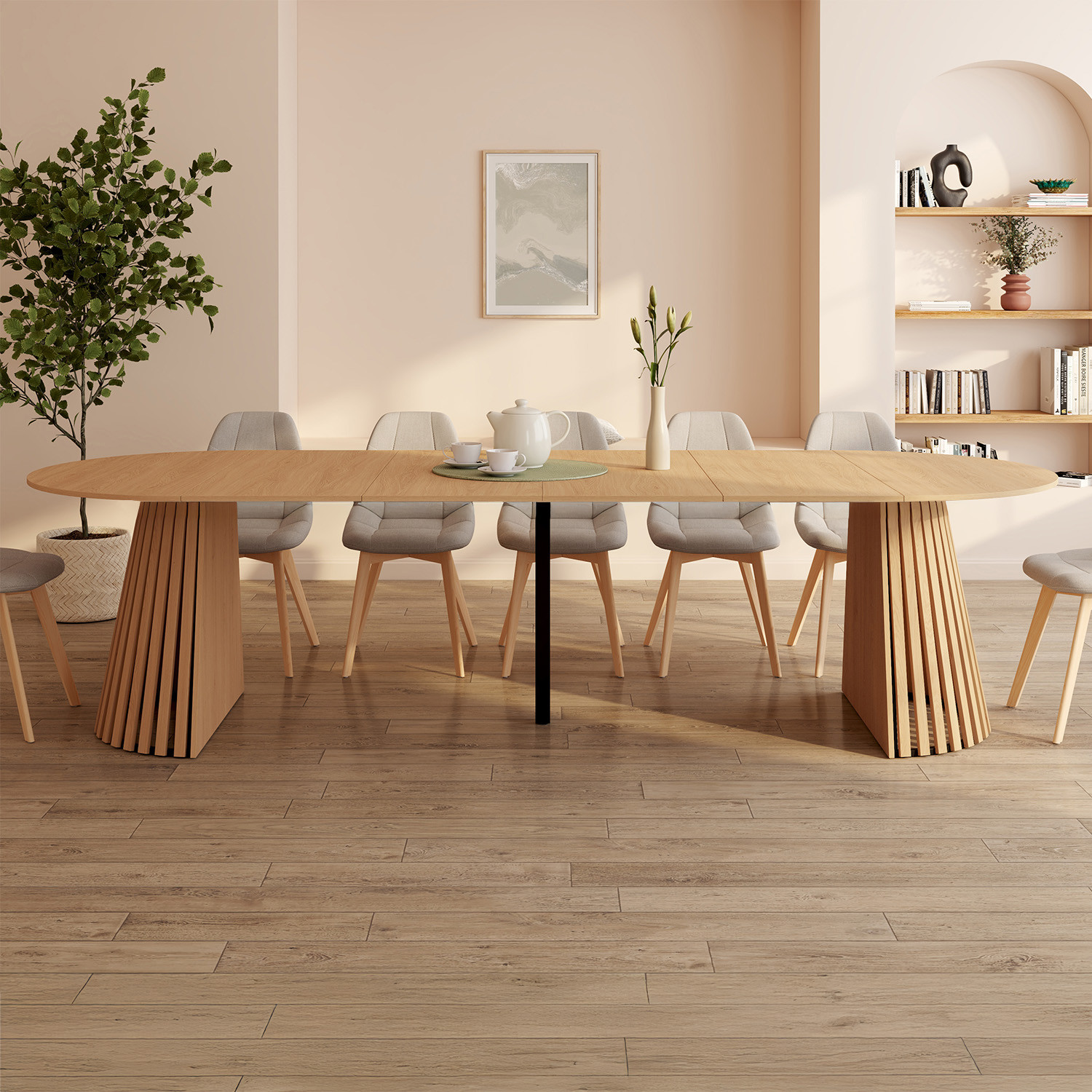 Table à manger extensible ronde 4-12 personnes pied bois en lattes et plateau bois 110-300 cm