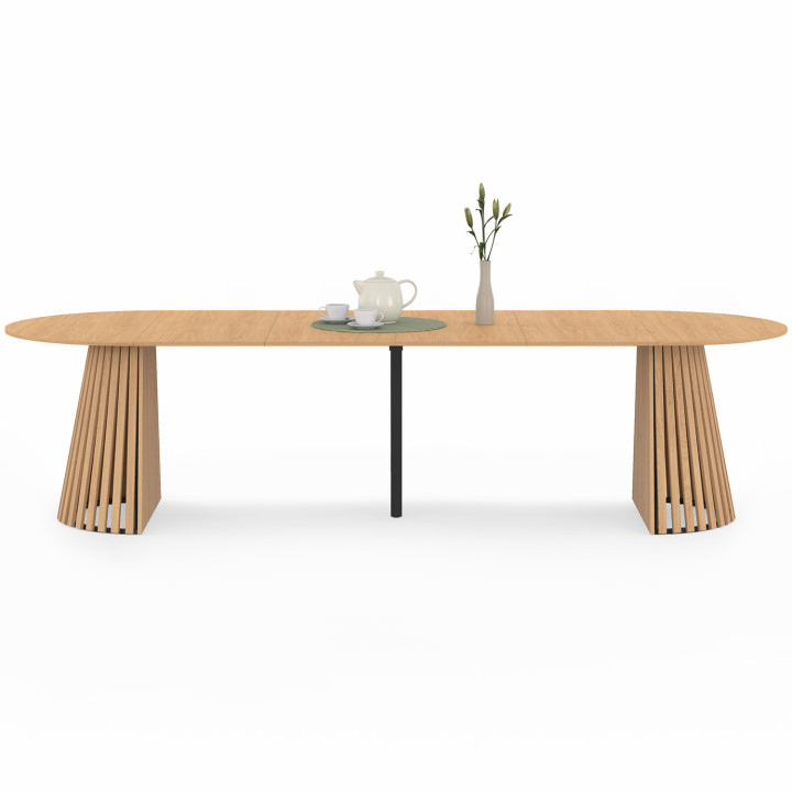 CARMEN ronde uitschuifbare eettafel 4-12 personen met houten lattenbodem en houten blad 110-300 cm