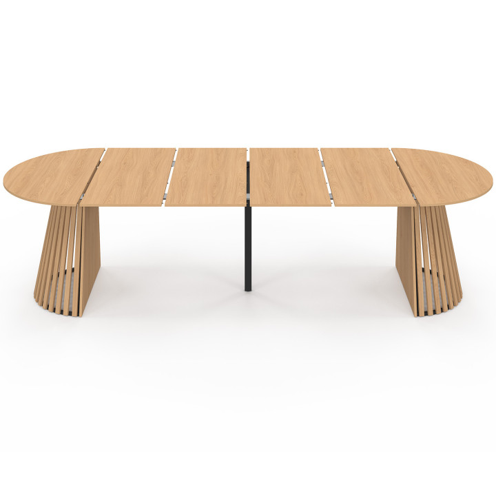 CARMEN ronde uitschuifbare eettafel 4-12 personen met houten lattenbodem en houten blad 110-300 cm