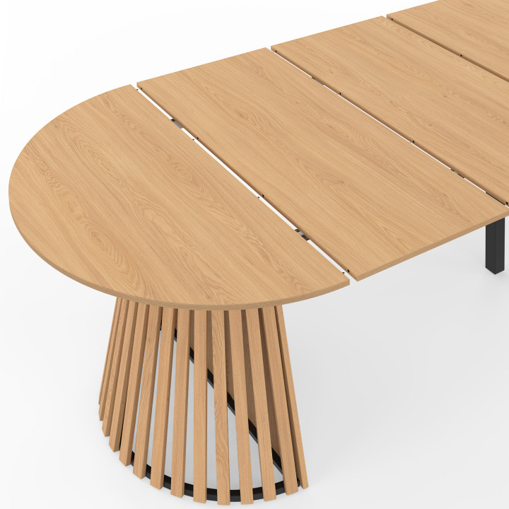 Table à manger extensible ronde CARMEN 4-10 personnes pied bois en lattes et plateau bois 110-300 cm