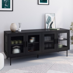 Sideboard 140 cm ZINEB 4 Glastüren geriffelte Front schwarz