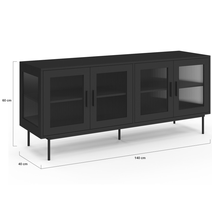 ZINEB 140 cm dressoir, 4 glazen deuren, zwarte geribbelde front