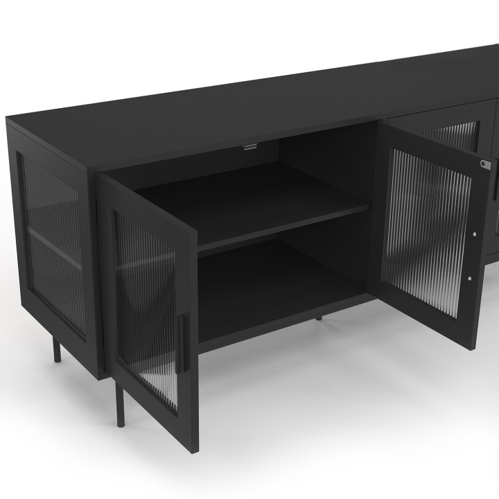 Sideboard 140 cm ZINEB 4 Glastüren geriffelte Front schwarz