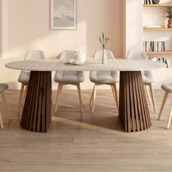 Table à manger extensible ronde CARMEN 4-10 personnes pied noyer en lattes et plateau effet travertin 110-200 cm