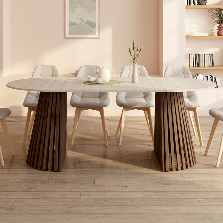 CARMEN ronde uitschuifbare eettafel 4-10 personen met notenhouten lattenpoten en blad met travertijneffect 110-200 cm