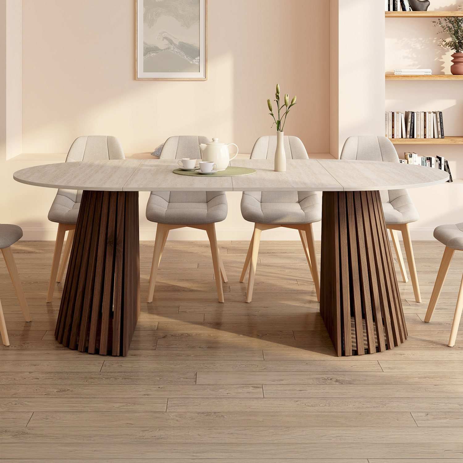 Table à manger extensible ronde 4-10 personnes pied noyer en lattes et plateau effet travertin 110-200 cm