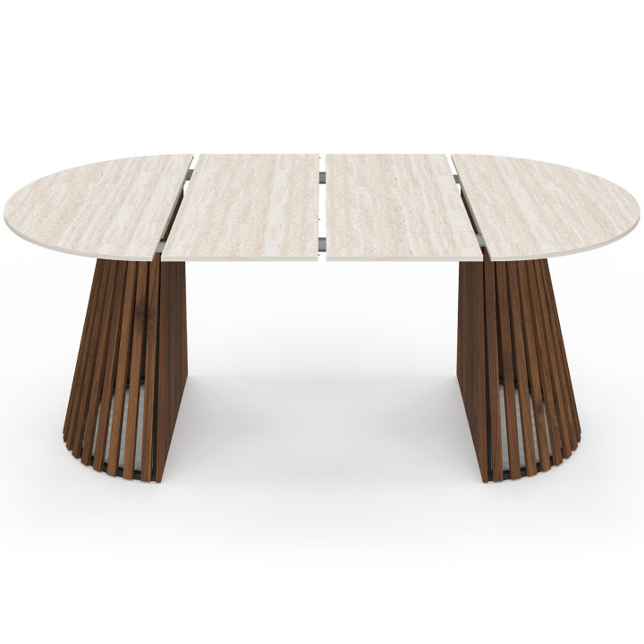 CARMEN mesa de comedor redonda extensible 4-10 personas con patas de listones de nogal y tablero efecto travertino 110-200 cm