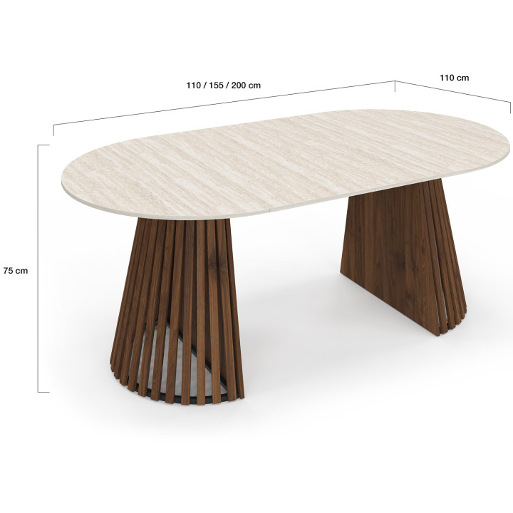 CARMEN ronde uitschuifbare eettafel 4-10 personen met notenhouten lattenpoten en blad met travertijneffect 110-200 cm