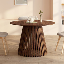 CARMEN 6-persoons ronde eettafel met notenhouten lattenpoten en 110 cm notenhouten blad