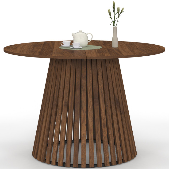 CARMEN 6-persoons ronde eettafel met notenhouten lattenpoten en 110 cm notenhouten blad