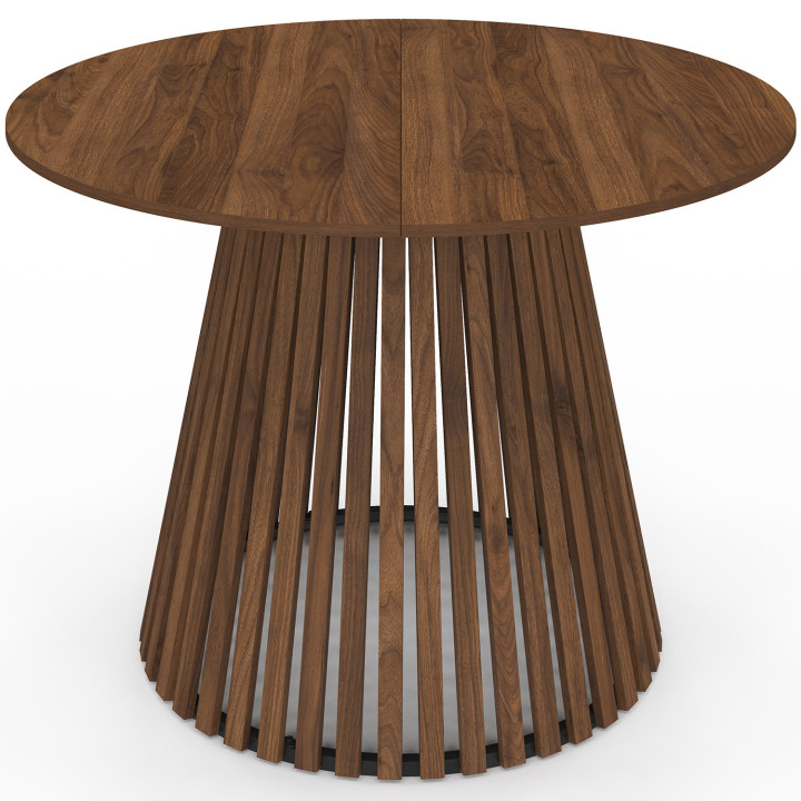 CARMEN 6-persoons ronde eettafel met notenhouten lattenpoten en 110 cm notenhouten blad