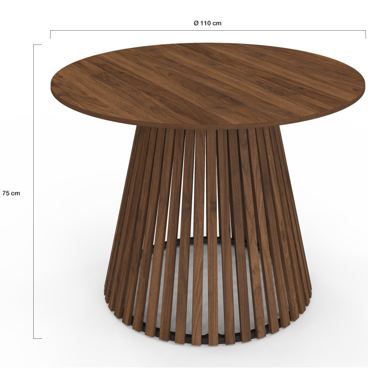 CARMEN 6-persoons ronde eettafel met notenhouten lattenpoten en 110 cm notenhouten blad