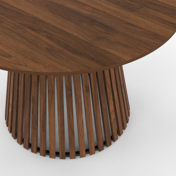 CARMEN 6-persoons ronde eettafel met notenhouten lattenpoten en 110 cm notenhouten blad