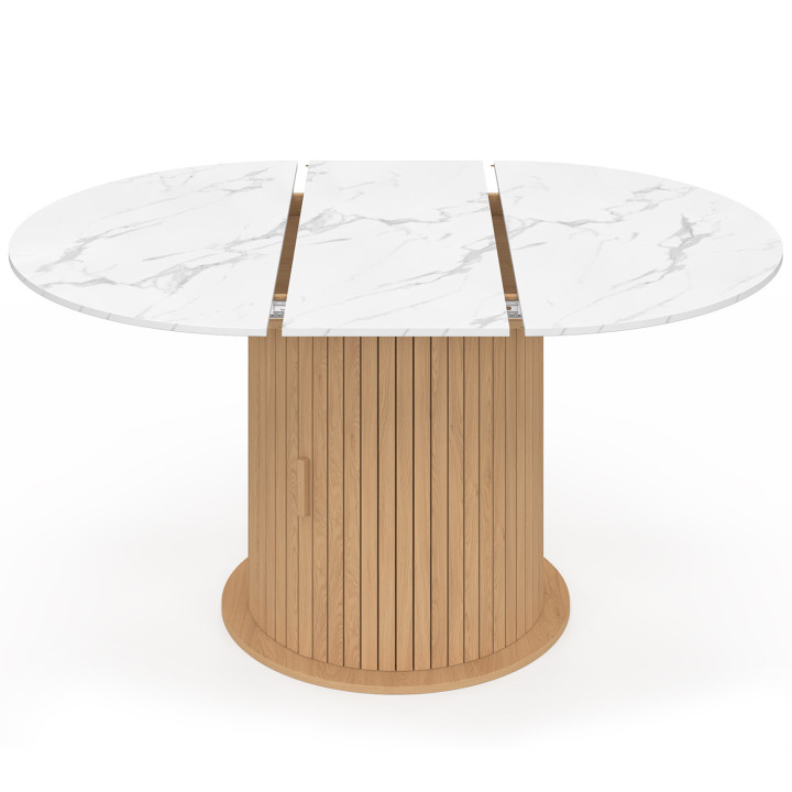 JULIETTE Mesa de comedor redonda extensible para 4-8 personas con patas de listones y tablero efecto mármol blanco 110-150 cm
