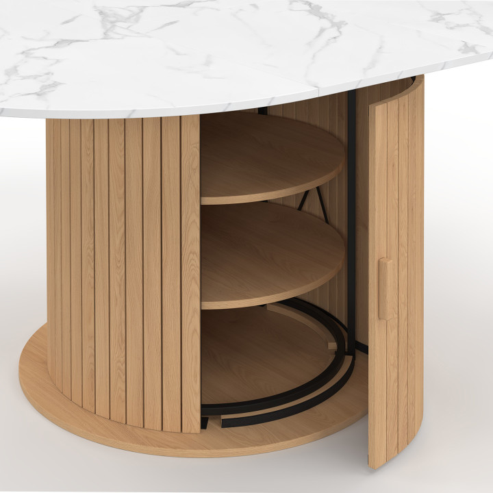 JULIETTE 4-8 persoons ronde uitschuifbare eettafel met lattenbodem en wit marmeren blad 110-150 cm