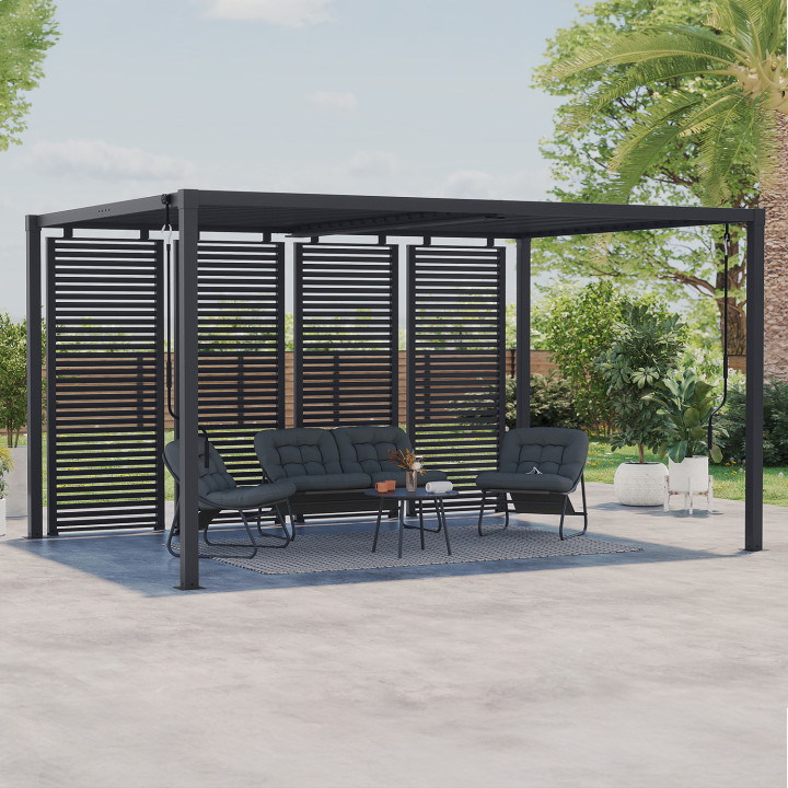 Pérgola bioclimática 3x4 M lamas metálicas con persianas gris antracita