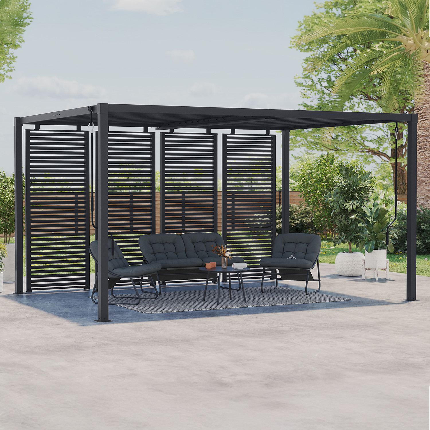 Pergola bioclimatique lames orientables acier 3x4 M avec persiennes horizontales gris anthracite