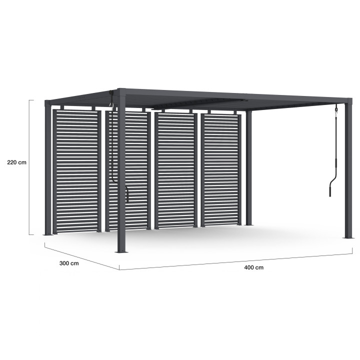Pergola bioclimatica a lamelle orientabili in acciaio 3x4 M con lamelle orizzontali grigio antracite