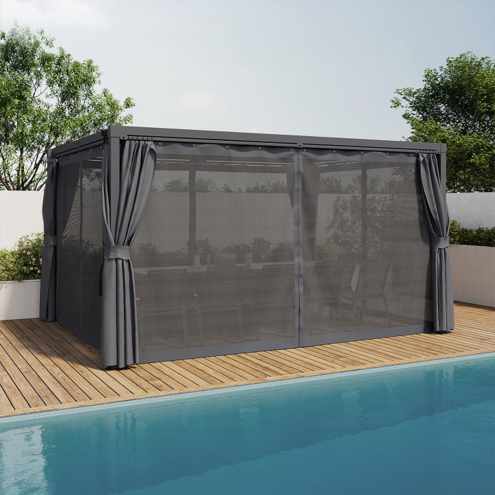 Bioklimatische Pergola mit verstellbaren Lamellen aus Stahl 3x4 M Vorhänge und Fliegengitter anthrazitgrau | IdMarket