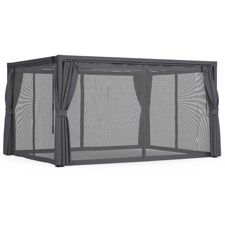 Pergola bioclimatique lames orientables acier 3x4 M rideaux et moustiquaire gris anthracite | IdMarket