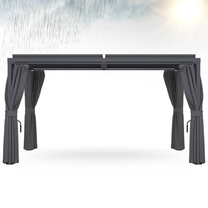 Pergola bioclimatica lames orientables acier 3x4 M rideaux et moustiquaire gris anthracite | IdMarket